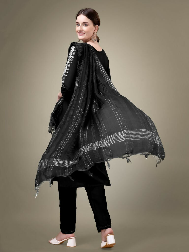 Jyoti Fashion Women's Black Cotton Blend Embroidery & Sequence work Kurta with Trouser & Dupatta | Swadesiicart