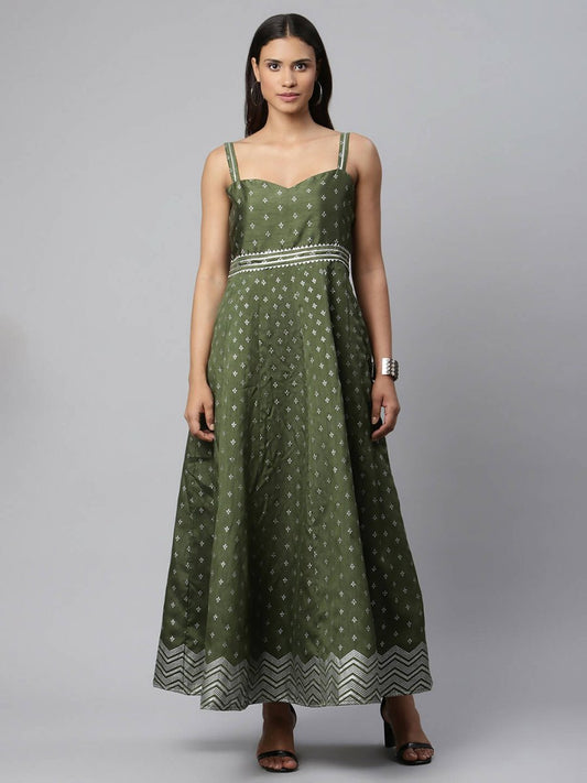 Ahalyaa Women Olive Poly Silk Silver Foil Printed Dress | Swadesiicart