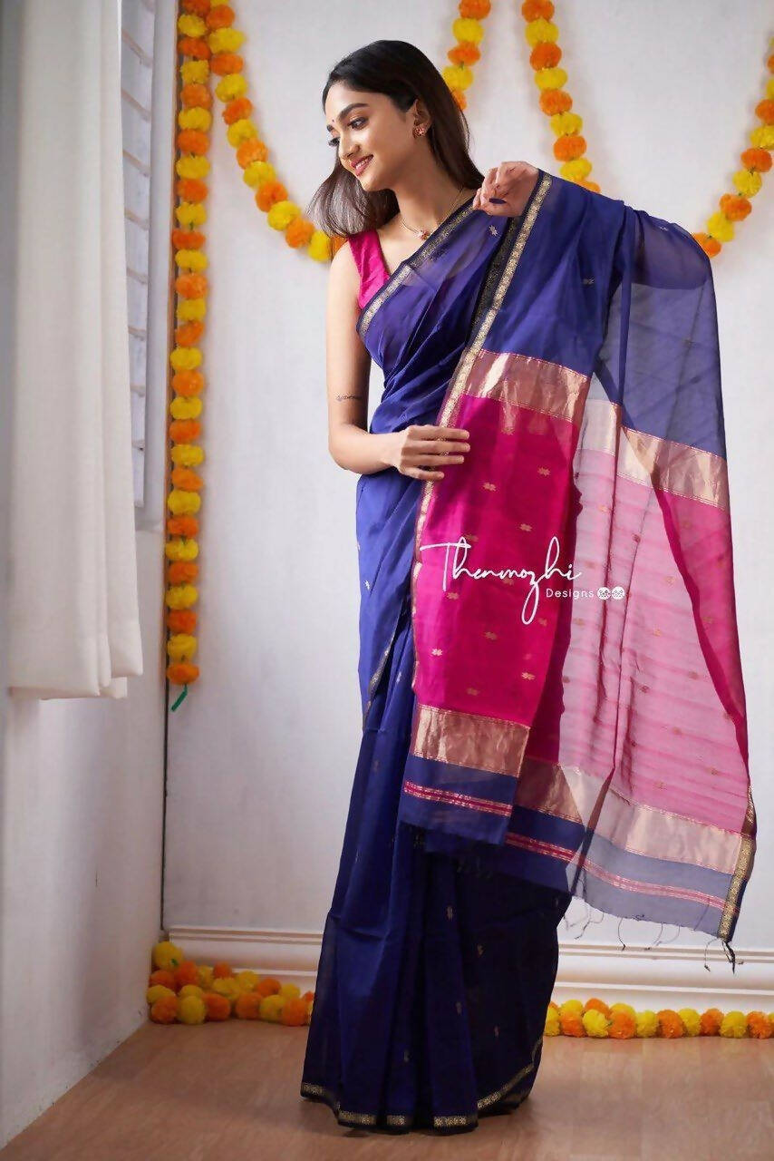 DEIANA'S Beautiful Designer Golden zari Soft Cotton Saree - Blue - Swadesiicart