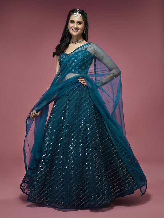 House of Panchhi Teal Net Sequinse Embroidered Lehenga & Blouse with Dupatta | Swadesiicart