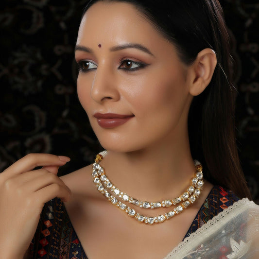 Double Layered Kundan and American Diamond Neckpiece (Gold) - Ruby Raang | Swadesiicart