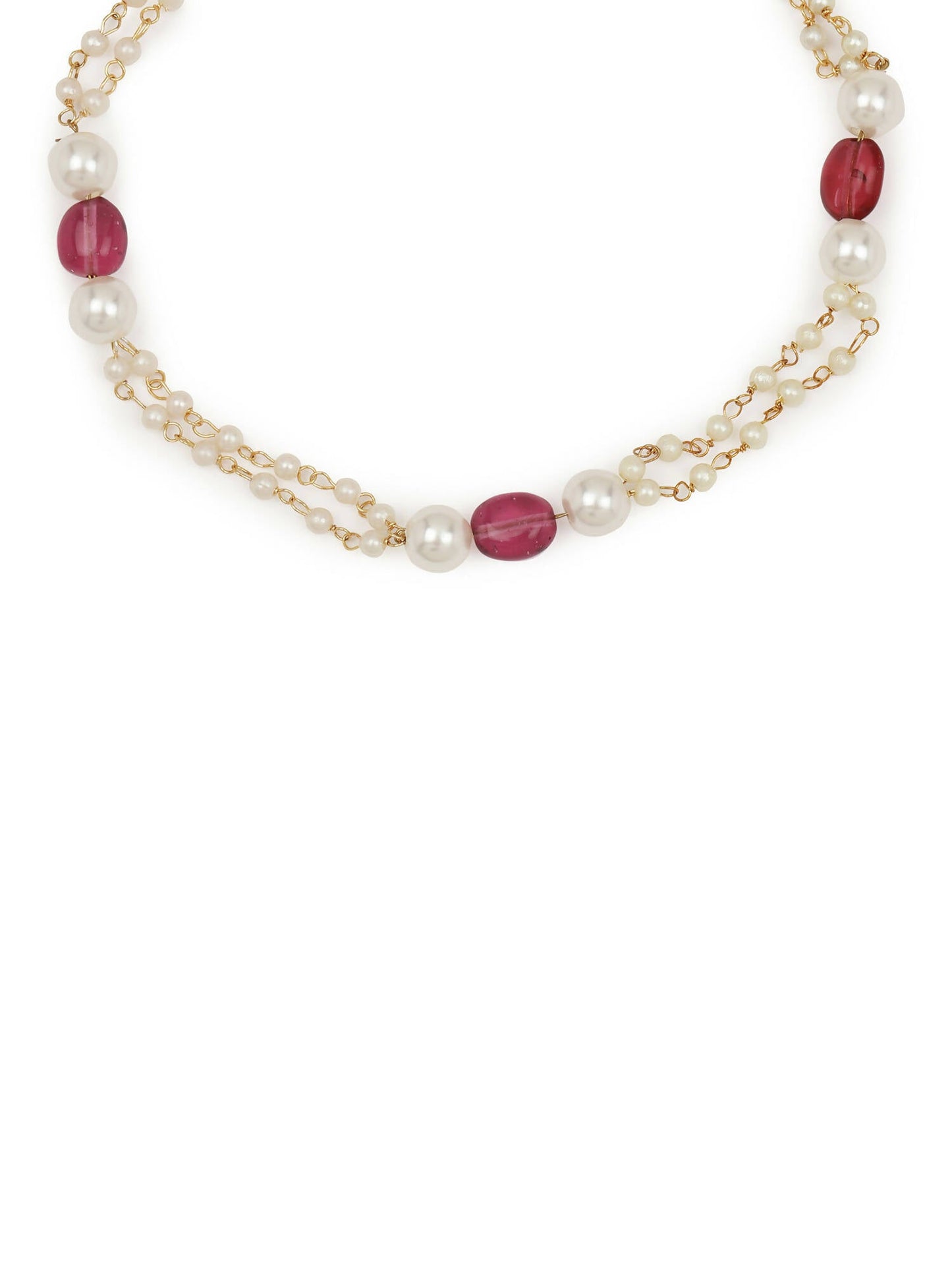 Gold-Polished Pink White Pearl Beaded Anklets Set Of 2 - Ruby Raang | Swadesiicart