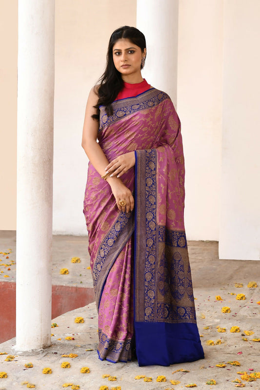 Joban Fashion Nude Pink Crepe Chiffon Pure Handloom Banarasi Silk Saree | Swadesiicart