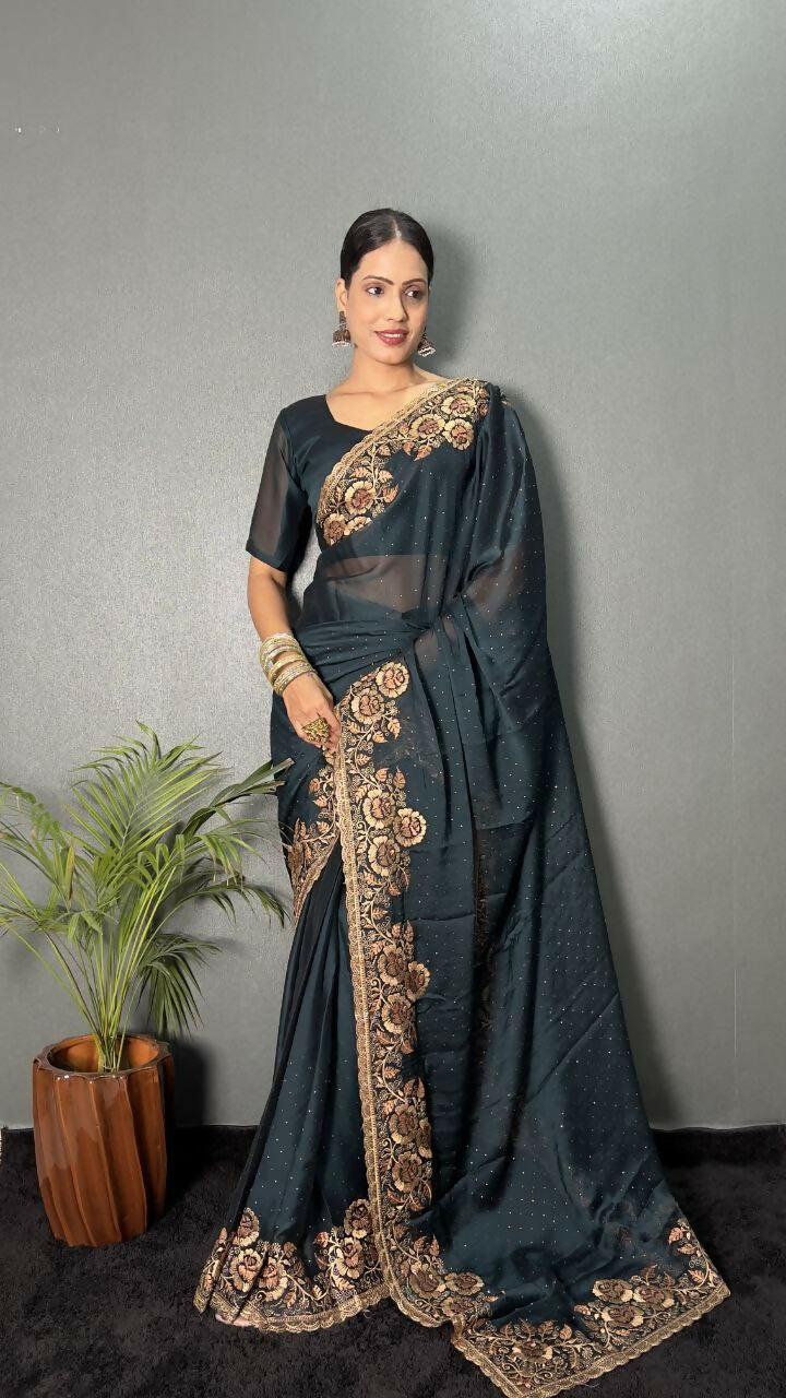 Vastranavya Morpeach Rangoli Silk Zari work with DMC Swarovski work Ready to Wear Saree | Swadesiicart