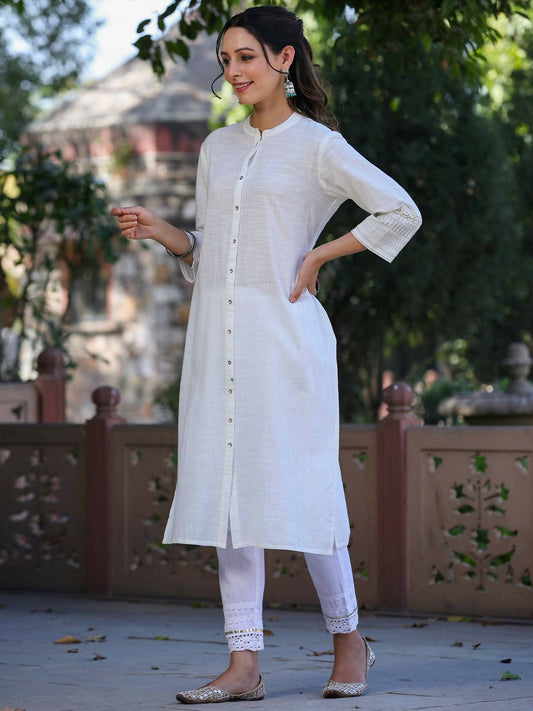 Juniper Women's White Cotton Slub Embroidered Straight Kurta | Swadesiicart