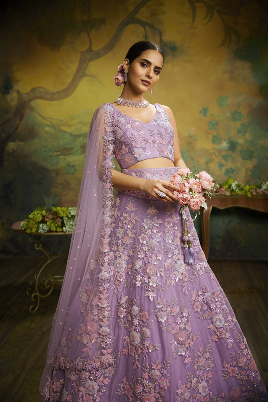 House of Panchhi Mauve Net Sequins with heavy Zarkan embroidery Lehenga choli & Dupatta | Swadesiicart