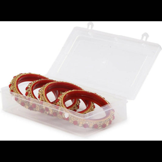 Afast Bridal Wedding & Party Fashionable Colorful Glass Bangle/Kada Set, Pack Of 4 - Red, Gold - Swadesiicart