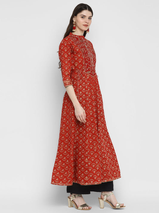 NOZ2TOZ Women's Embroidered & Printed Anarkali Cotton Red Kurta - Swadesiicart