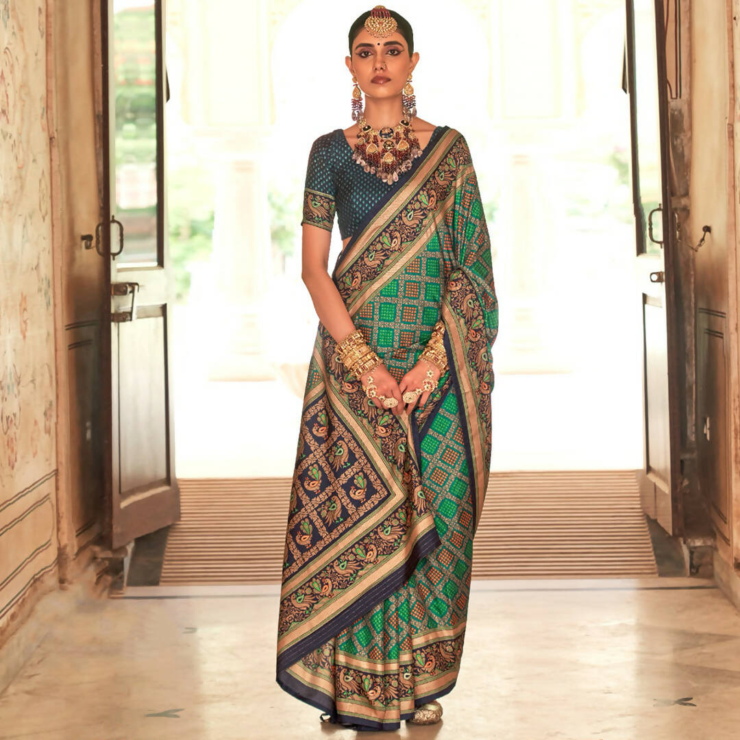 Light Green Silk With Banarasi Print Work Saree - Trirath Yamuna | Swadesiicart