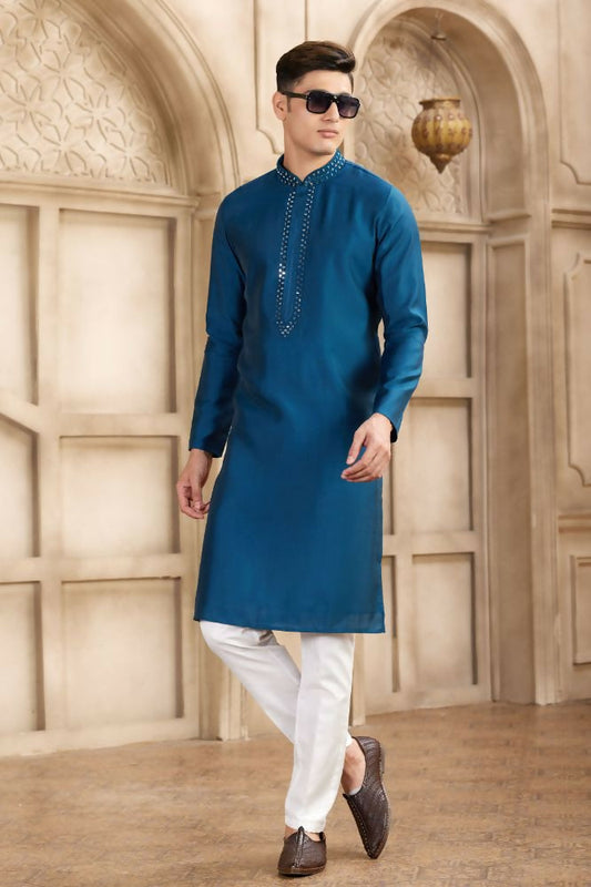 Raivat Ethnic Banarasi Art Silk Mirror Work Kurta Pajama In Blue Colour | Swadesiicart