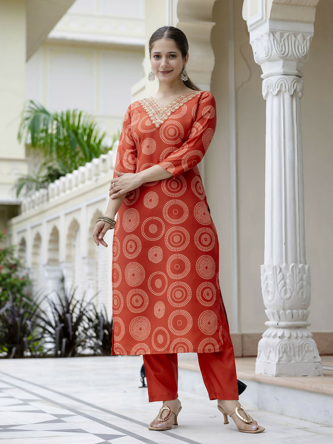 The52 Orange Women's Gorgeous Rayon Embroidered Straight Kurta with Pant And Dupatta Set - Swadesiicart