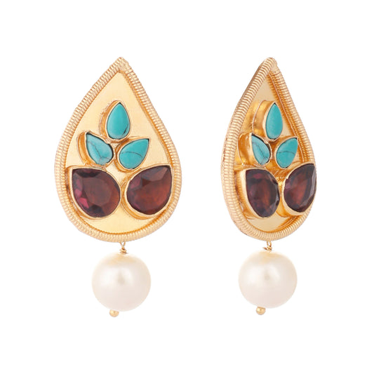 Nuyug 22K Gold Plated Faux Turquoise Stone Studded Contemporary Petal Shaped Pearl Drop Stud Earrings | Swadesiicart