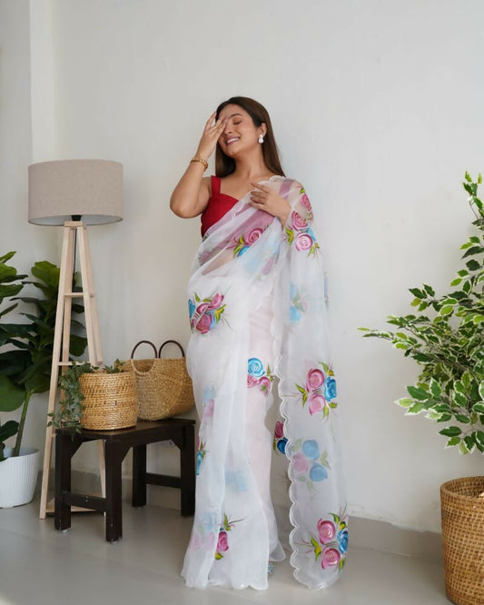 Vamsee Urvashi White Organza Saree - Swadesiicart