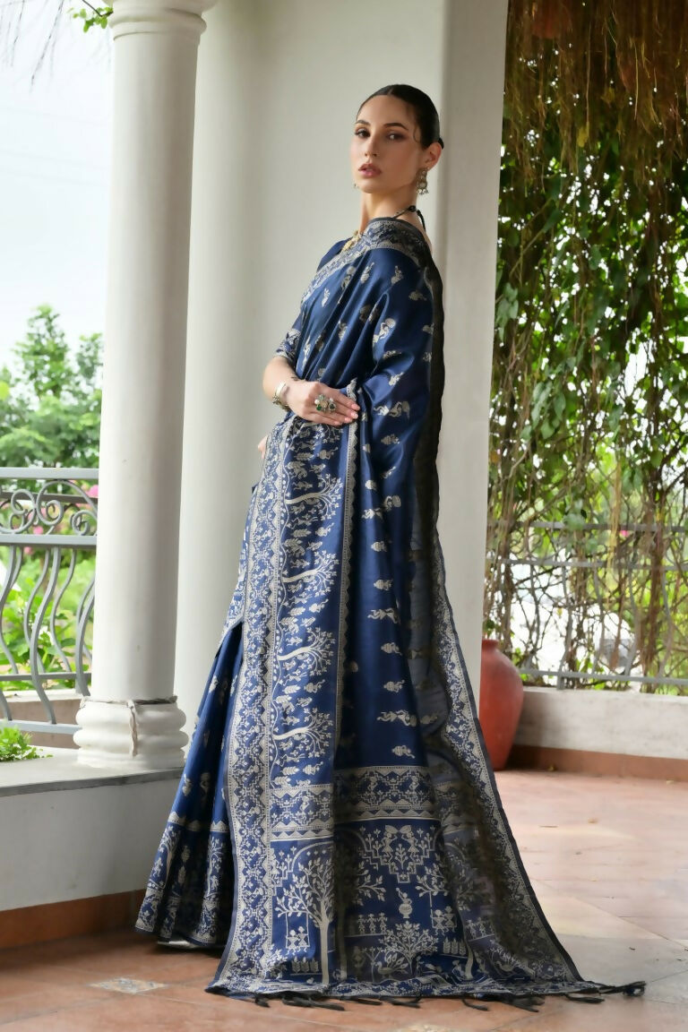 Vishnu Weaves Women's Blue Handloom Raw Silk Thread Weaving Saree with Blouse - Swadesiicart