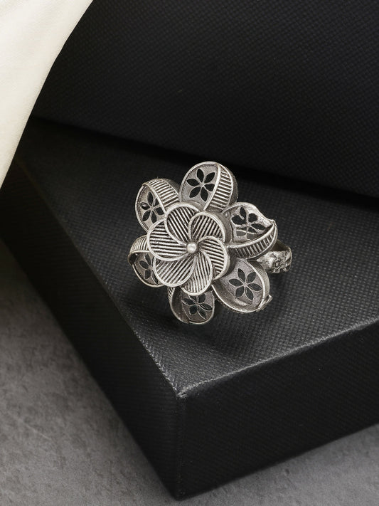 NVR Women's Silver-Toned Floral Shape Adjustable Finger Ring | Swadesiicart