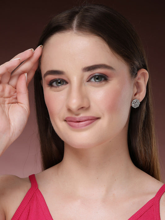 NVR Women's Silver-Plated AD- Studded Circular Shaped Studs Earring | Swadesiicart
