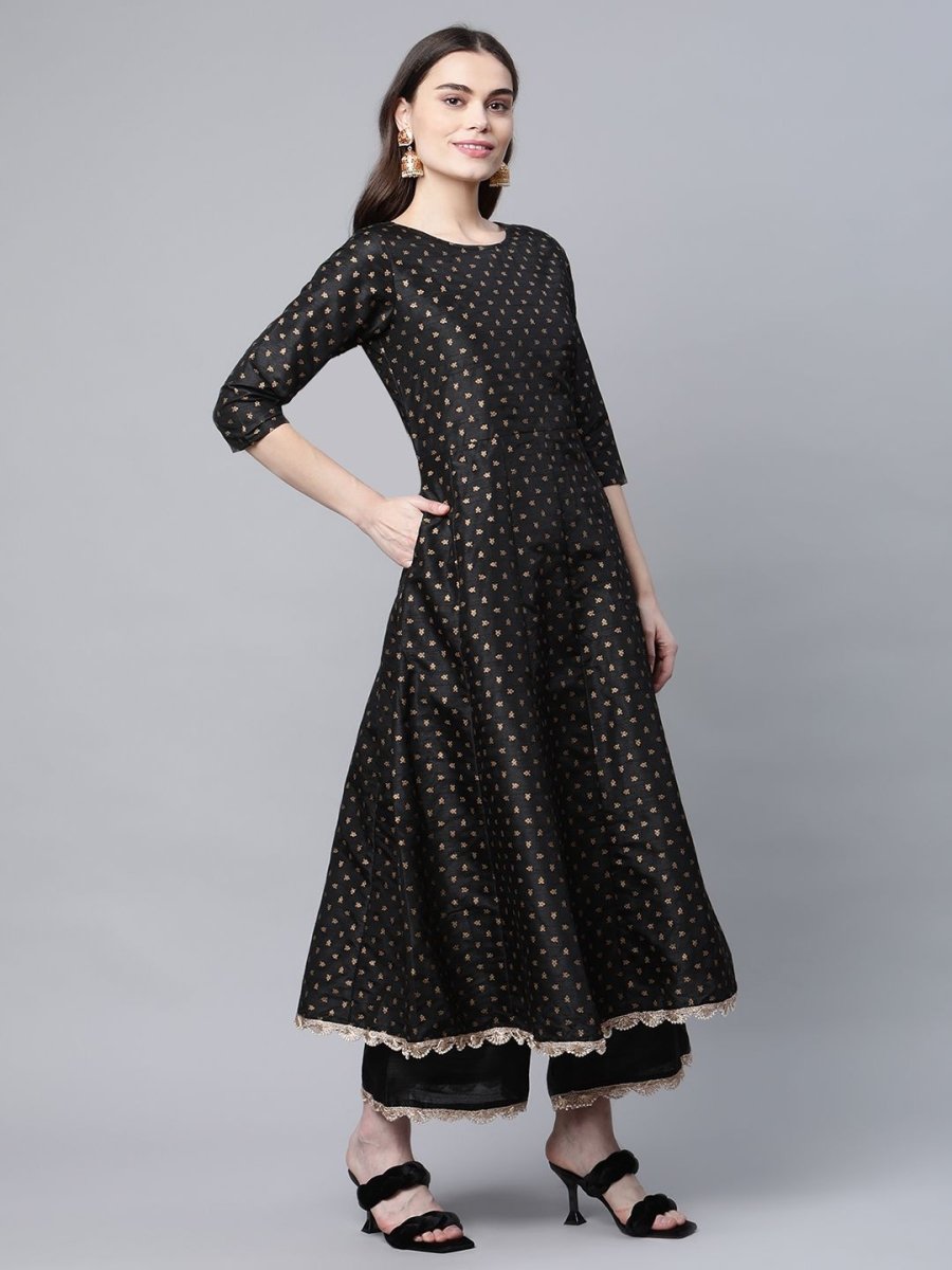 Ahalyaa Women Black Poly Silk Gold Printed Anarkali Kurta Palazzo Set With Dupatta | Swadesiicart