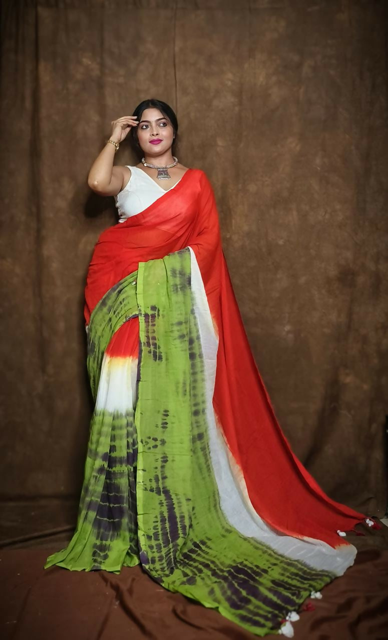 Exclusive Collection Red Green Beautiful Super Soft Most Comfortable Pure Mul Cotton Saree - Swadesiicart