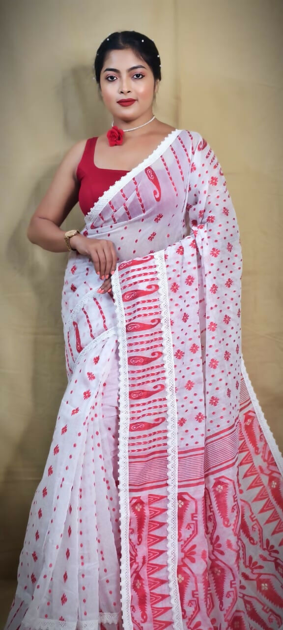 Exclusive Collection Beautiful White Red Jaal Jamdani Saree - Swadesiicart