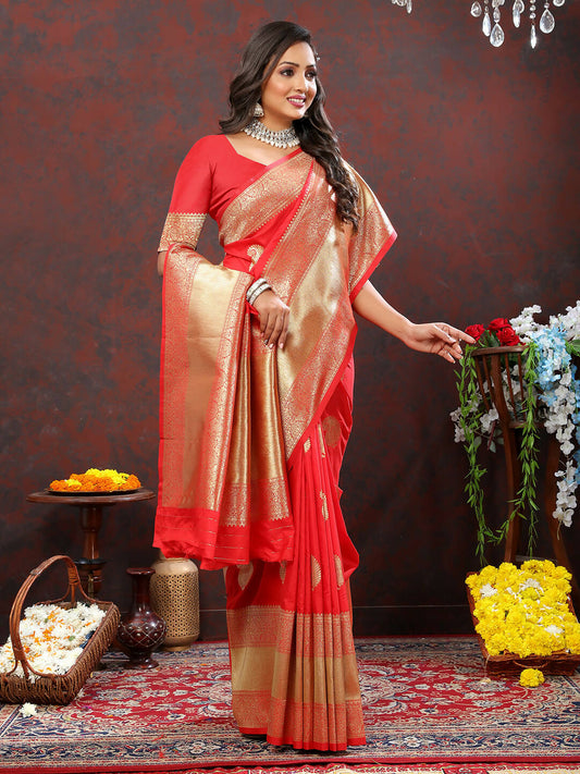 Lorenvalley Fashion Red Soft Silk Woven Design Gold Zari Weaving Saree - Swadesiicart