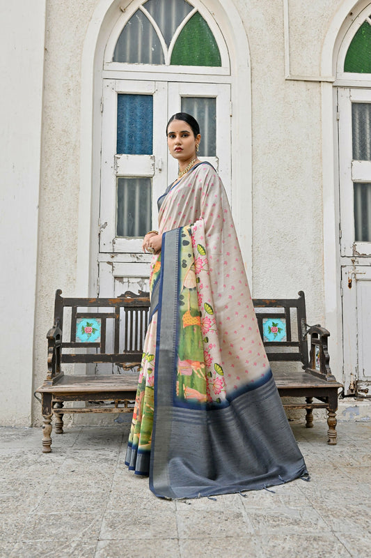 Vishnu Weaves Women's Blue Soft Tussar Silk Saree with Blouse - Swadesiicart