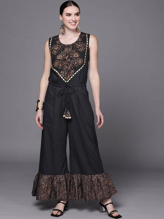 Ahalyaa Women Black Printed Basic Jumpsuit - Swadesiicart