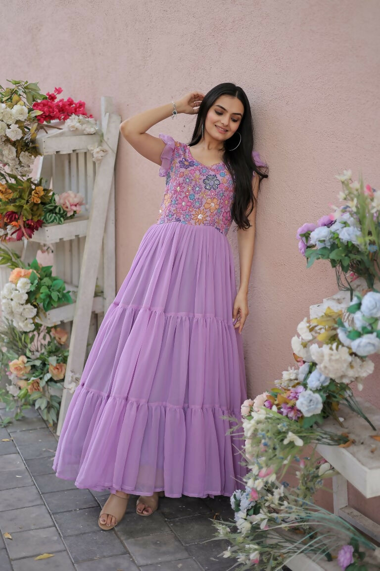 Jyoti Fashion Women's Purple Printed with Sequins Faux Georgette Anarkali Dress | Swadesiicart