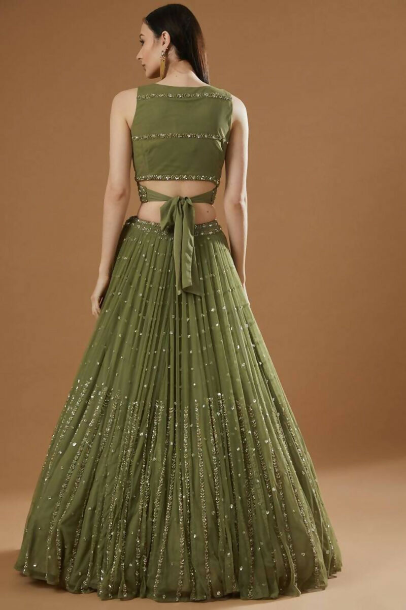 Jyoti Fashion Glamorous Olive Green Zari and Thread Embroidered Georgette Lehenga Choli with Dupatta | Swadesiicart