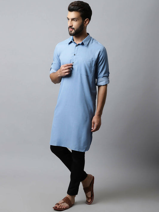 Even Apparels sky Blue Color Pure Cotton Solid Men's Kurta With Shirt Collar (MMS503) | Swadesiicart