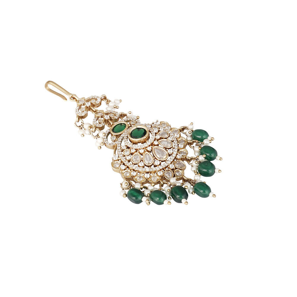 Nuyug 18K Gold Plated Ethereal Green Stone Maang Tikka | Swadesiicart