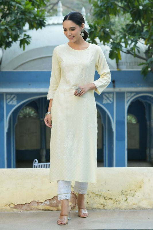 Juniper Light Yellow Ethnic Motif Printed Rayon Kurta With Lace Work - Swadesiicart