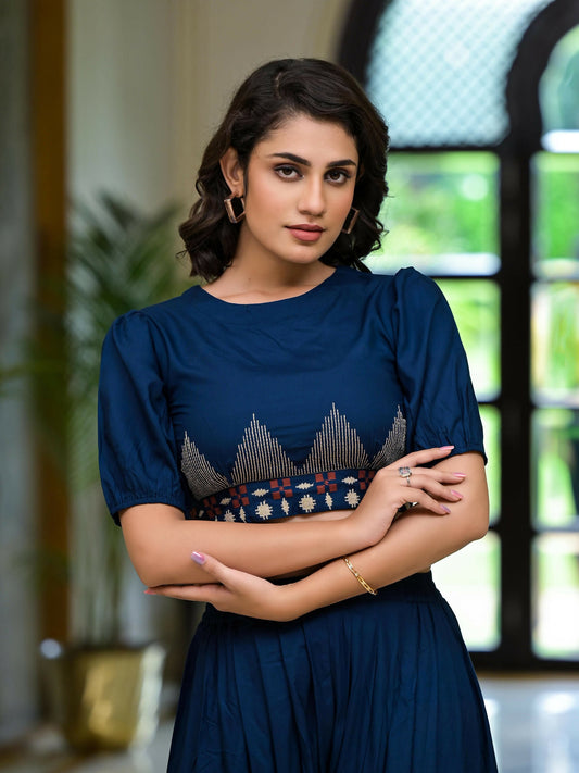 Juniper Women's Navy Thread Embroidered Rayon Top & Dhoti Pant Set - Swadesiicart