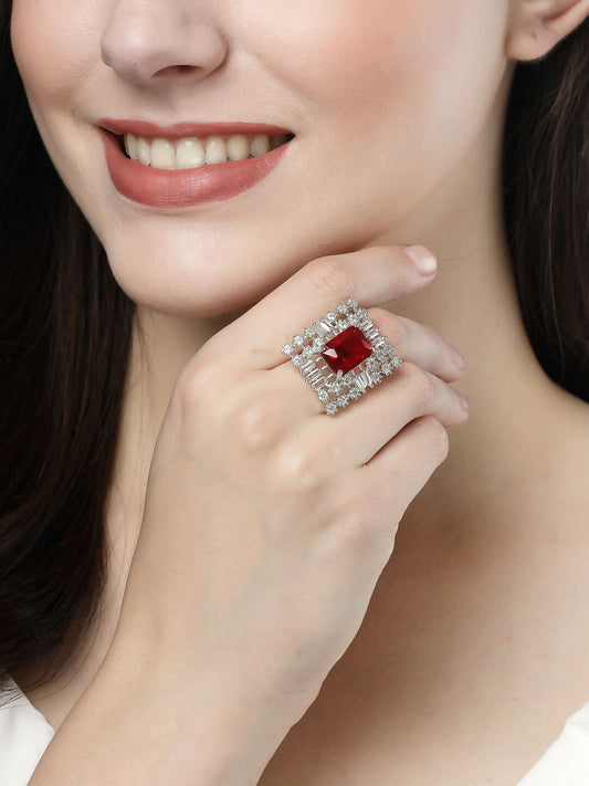 NVR Women's Red & Silver CZ-Studded Square-Shaped Adjustable Finger Ring | Swadesiicart