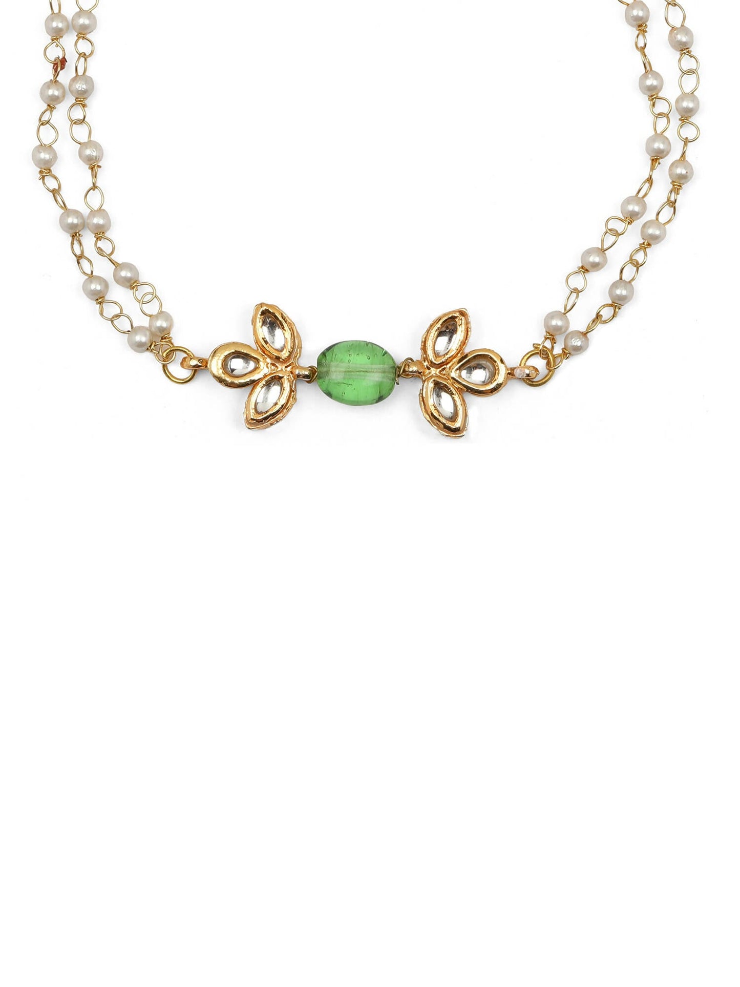 Gold-Polished Green White Kundan Beads Anklet Set Of 2 - Ruby Raang | Swadesiicart