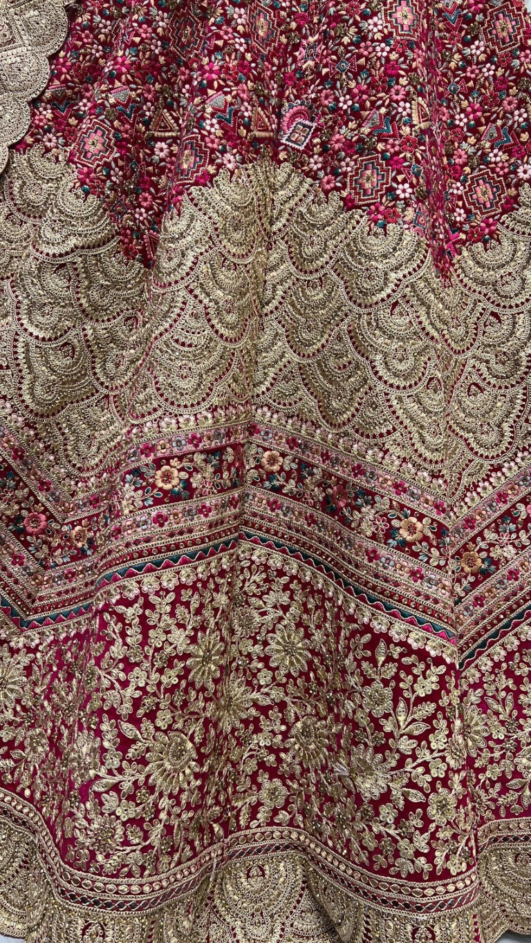 Jyoti Fashion Women's Rani Pink Velvet Fancy Dori & Sequins Multi Thread Embroidered with Diamond Work Wedding Lehenga Choli | Swadesiicart