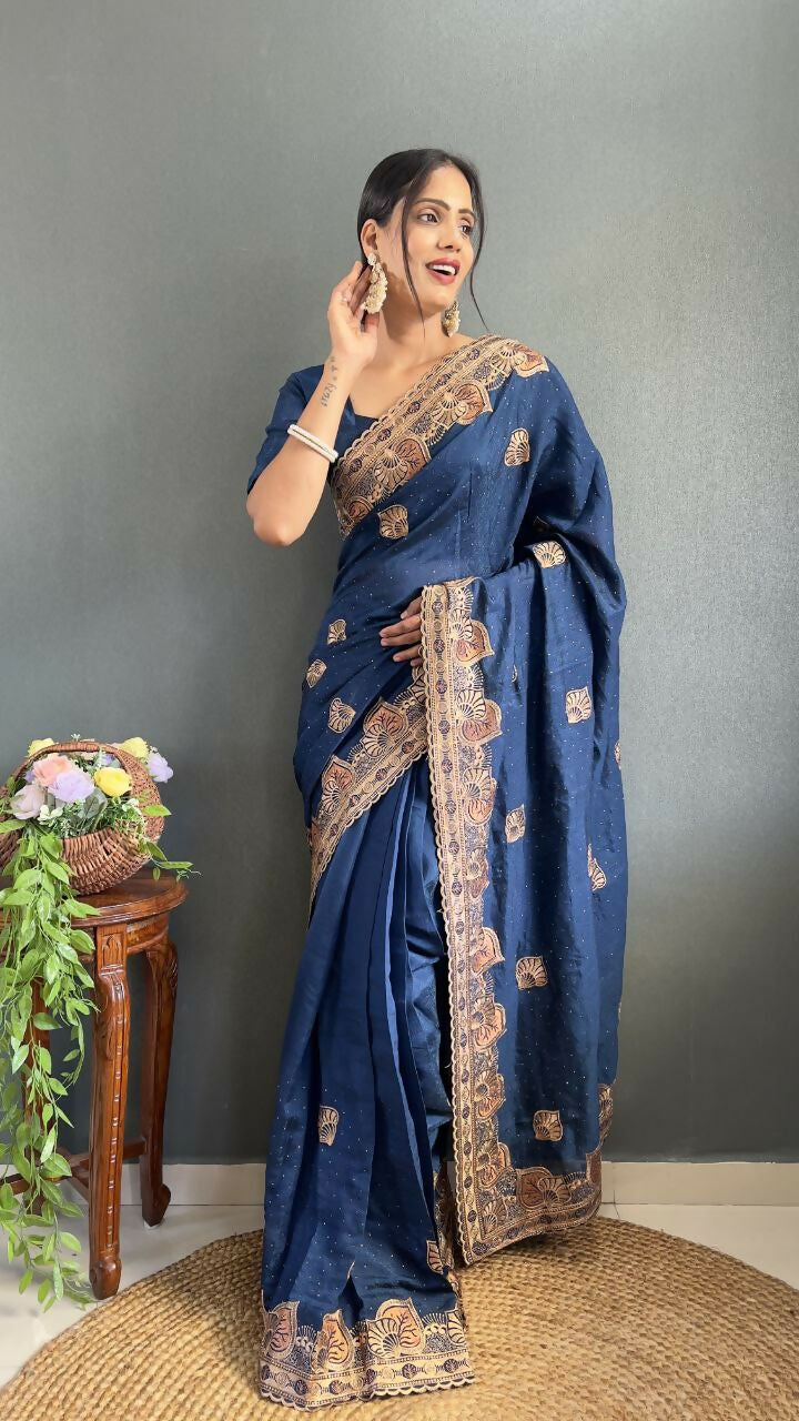Vastranavya Blue Vichitra Silk Zari with Swarovski Work Ready to Wear Saree | Swadesiicart