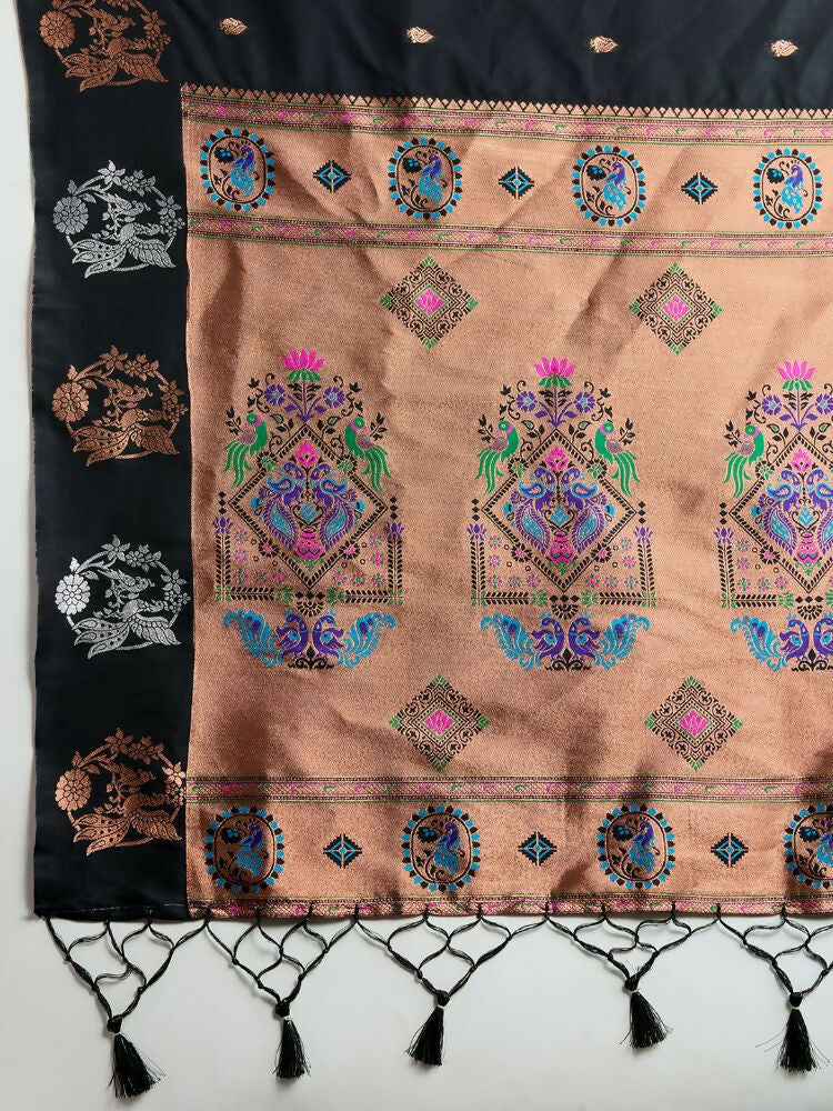 Vishnu Weaves Women's Black Banarasi Silk Zari Woven Saree with Blouse - Swadesiicart