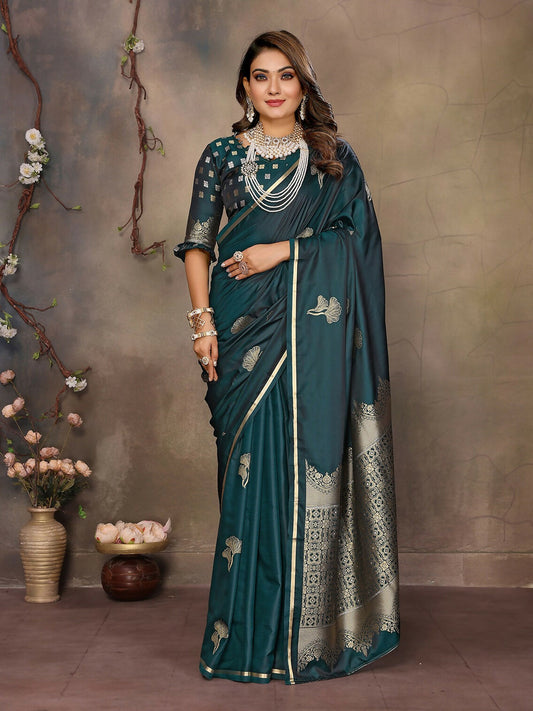 Joban Fashion Teal Floral Motifs Banarasi Silk Sarees | Swadesiicart