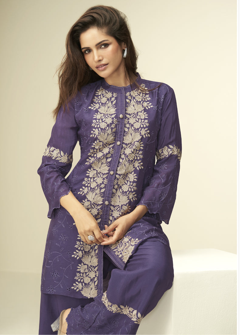 Vegaa Fashion Violet Chinon Silk Embroidered Designer Co Ord Set - Swadesiicart