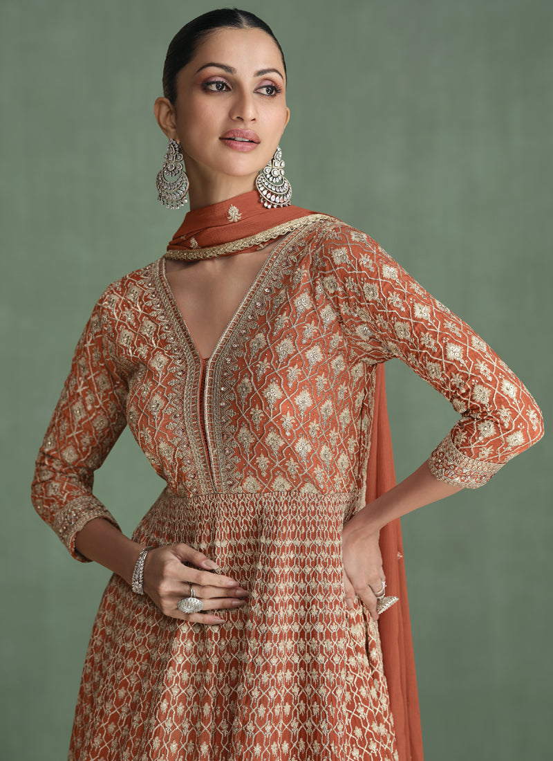 Vegaa Fashion Light Brown Real Georgette Embroidered Anarkali Suit - Swadesiicart