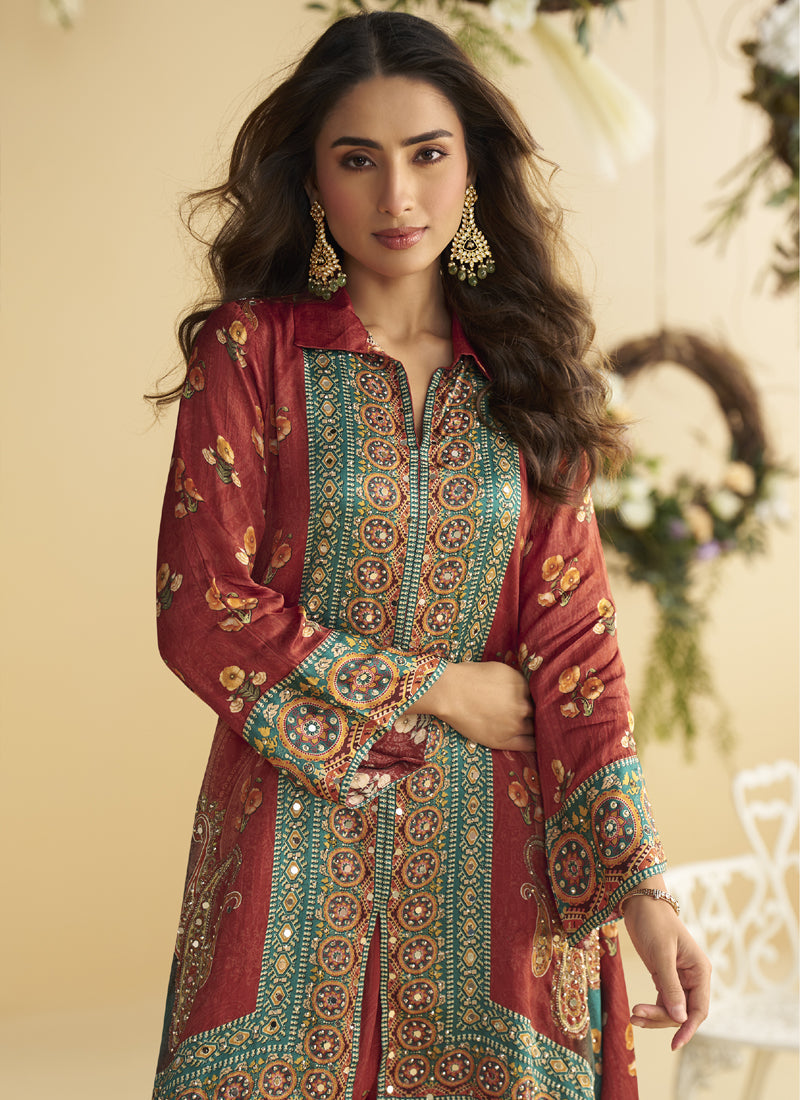 Vegaa Fashion Maroon Crepe Silk Emblissed Mirror Work Designer Cord Set - Swadesiicart