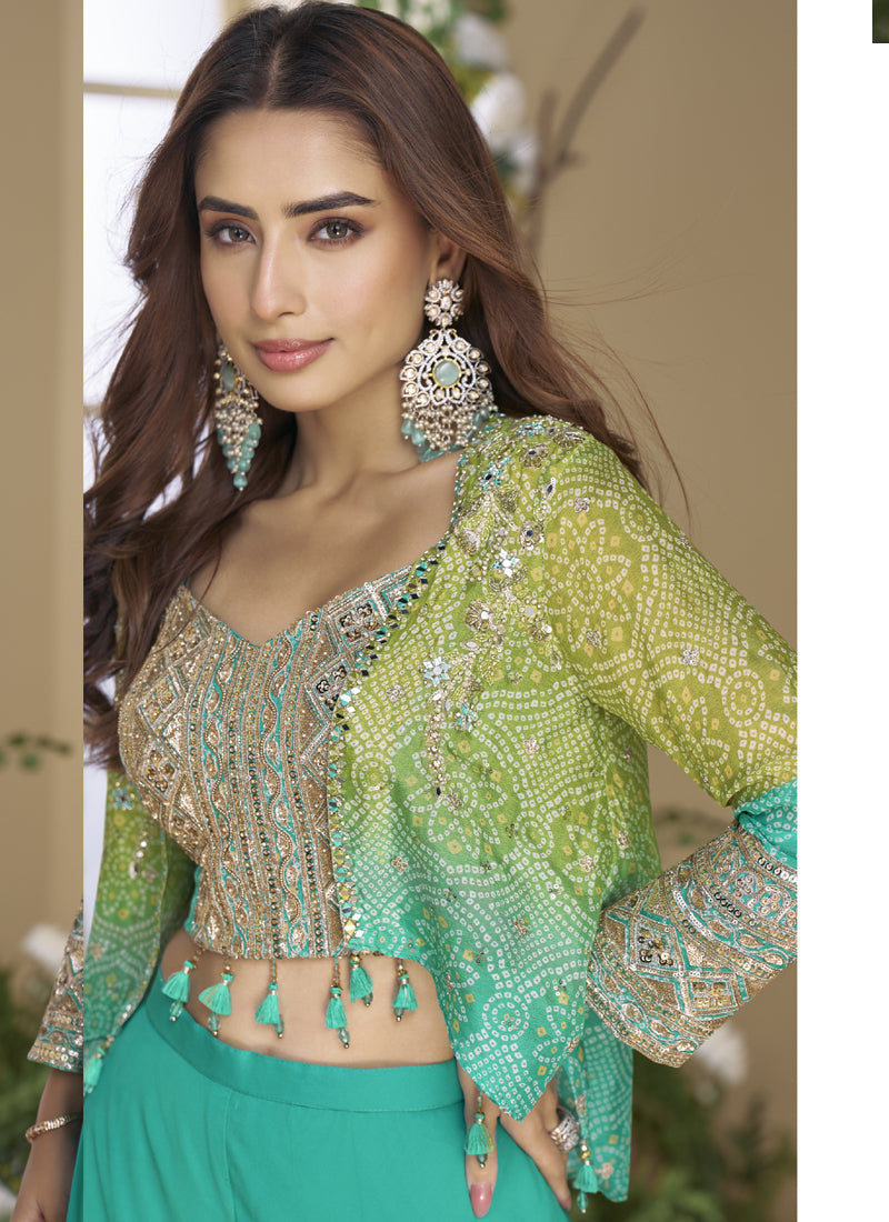 Vegaa Fashion Turquoise Chinon Silk Embroidered Western Palazzo Suit - Swadesiicart