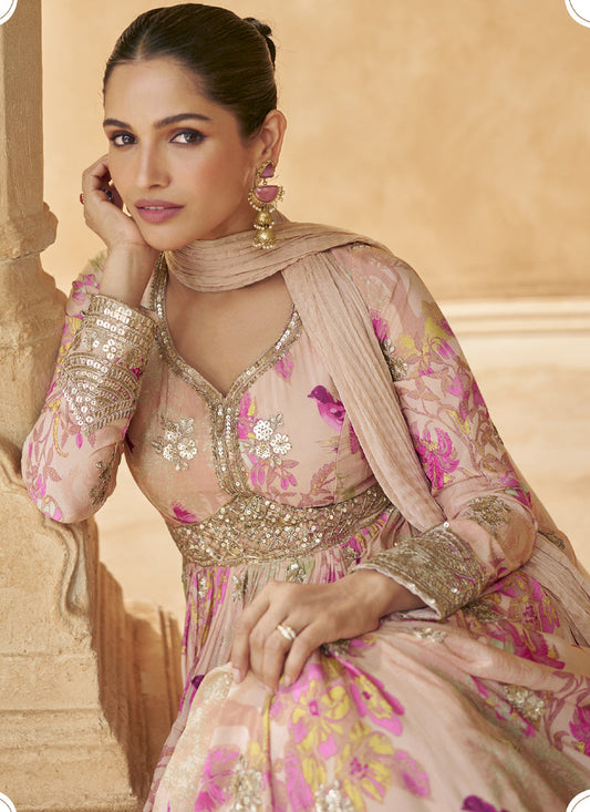 Vegaa Fashion Cream Real Chinon Silk Embroidered Anarkali Suit - Swadesiicart
