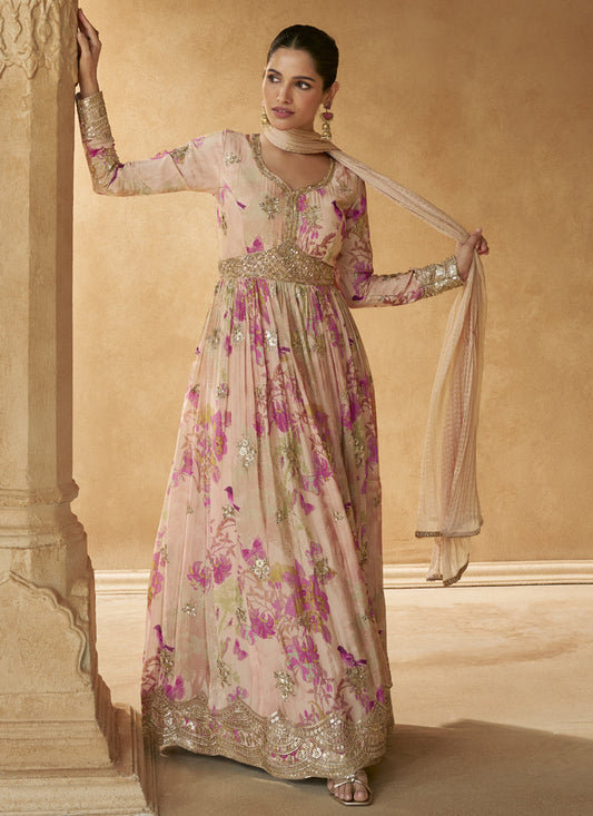 Vegaa Fashion Cream Real Chinon Silk Embroidered Anarkali Suit - Swadesiicart