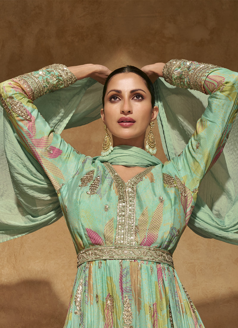Vegaa Fashion Bottel Green Real Chinon Silk Embroidered Anarkali Suit - Swadesiicart