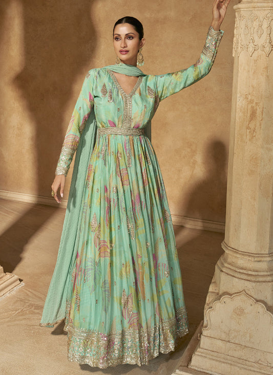 Vegaa Fashion Bottel Green Real Chinon Silk Embroidered Anarkali Suit - Swadesiicart
