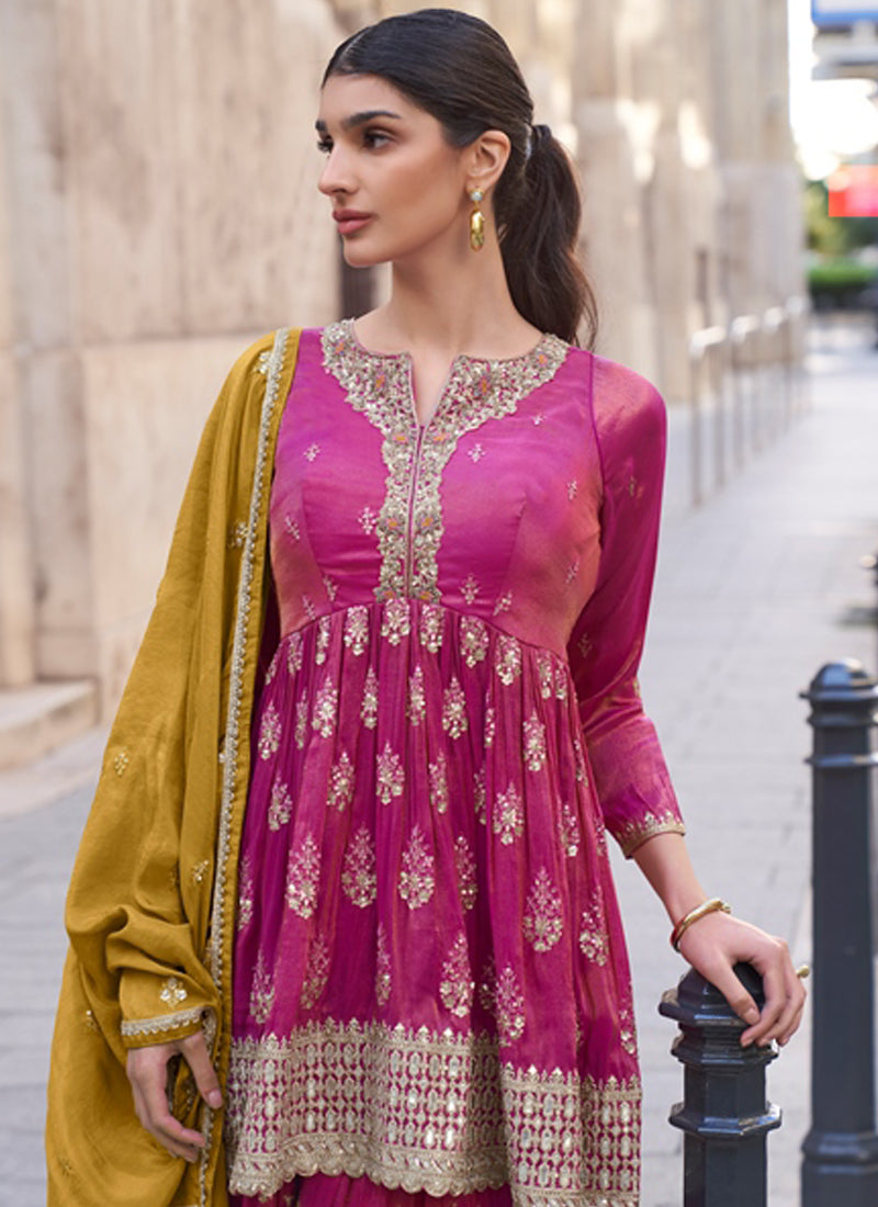 Vegaa Fashion Pink Silk Embroidered Palazzo Suit - Swadesiicart
