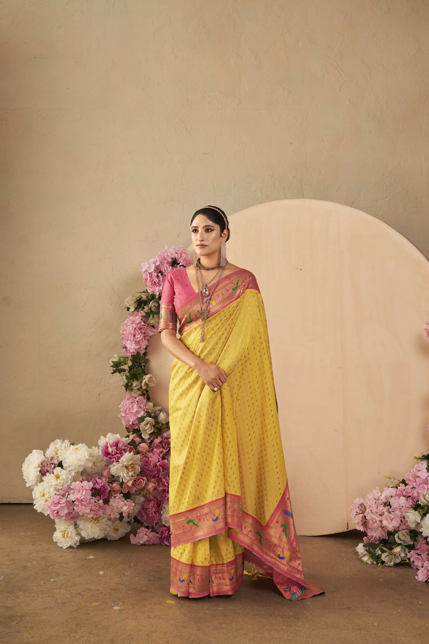 Vishnu Weaves Women's Yellow Paithani Silk Saree with Blouse - Swadesiicart