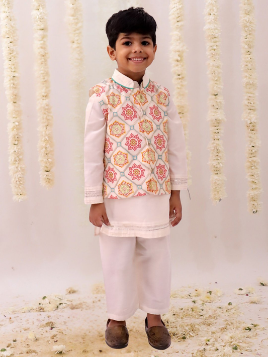 Lil Drama Mishti White Kurta Pyjama and Jacket For Boys | Swadesiicart