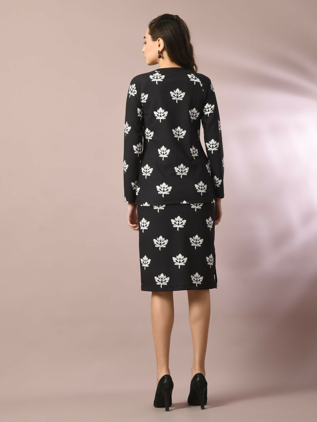 Myshka Women's Black Printed Round Neck Party Top With Skirt Co-ord set - Swadesiicart